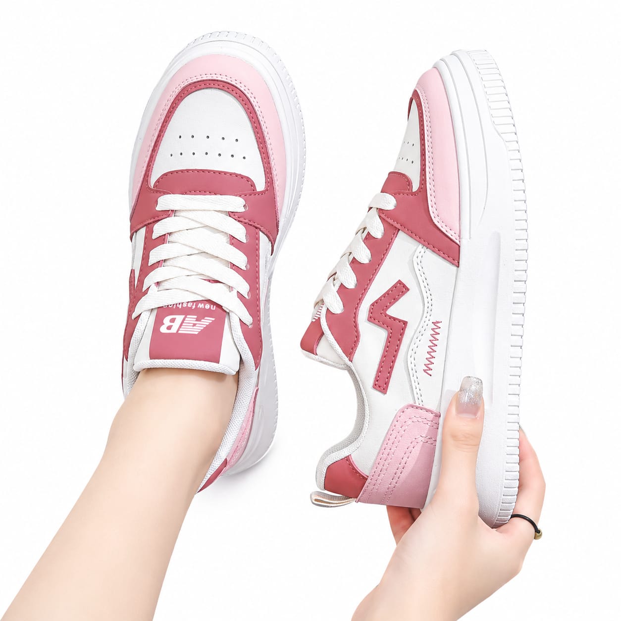 Fashion Patchwork Lace Up White Sneaker 1002-PNK