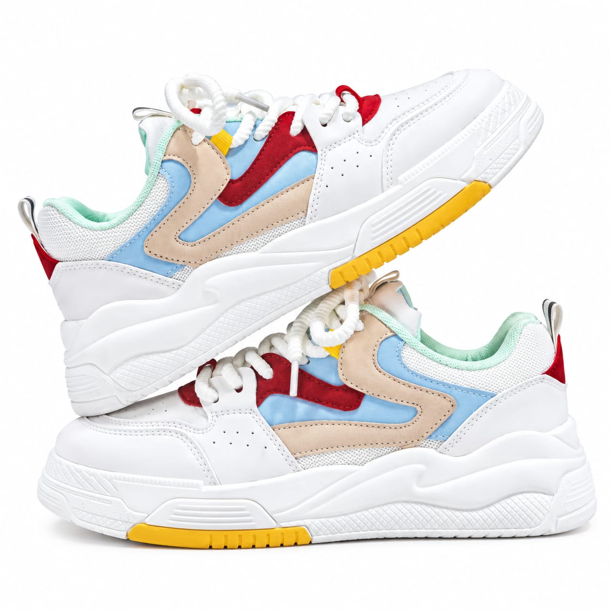 Pu Leather Chunky Girls Sneakers 1004-Beige-red